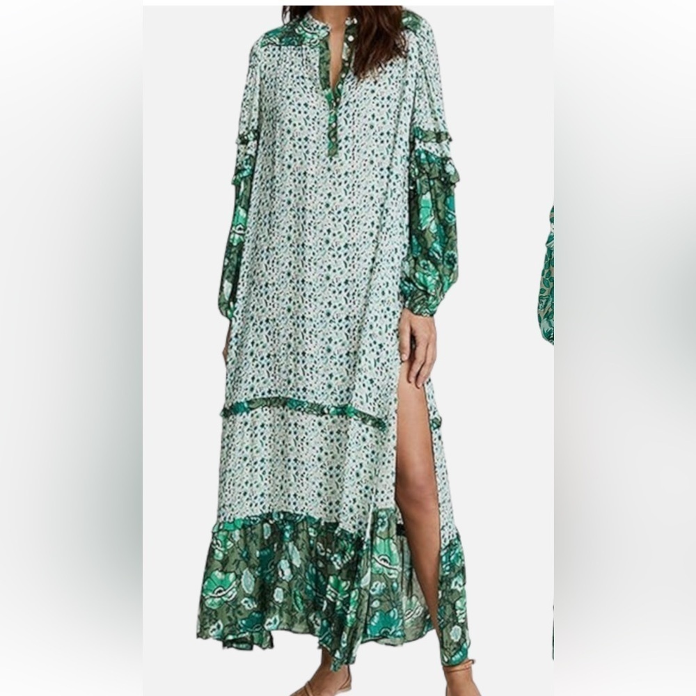 R. Vivimos Long Bohemian Dress Large Green Maxi Swim Cover Up Slits Ruffles. A8